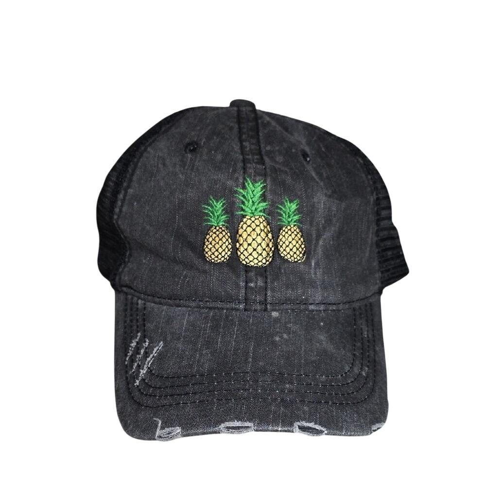 Black Distressed Denim Trucker Cap with Pineapple Embroidery